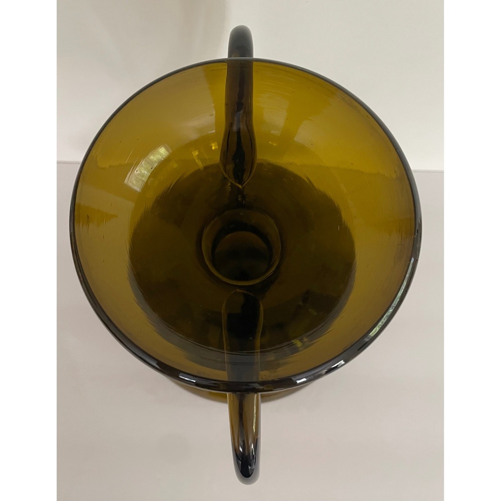 Vtg Mid Century Modern Empoli Glass Double Handle Hand Blown Olive Brown 10.5"" - Picture 4 of 14